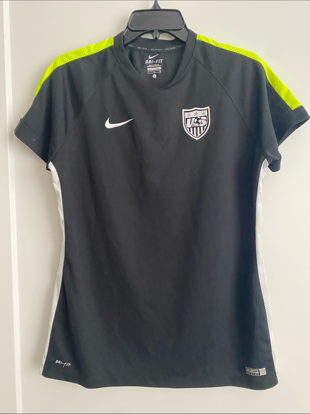 Nike Women’s Black Soccer Jersey with Neon Yellow Shoulders